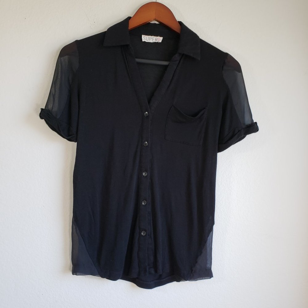 Super B Womens Blouse Black Short cuffed Sleeve Button up V Neck Size Small